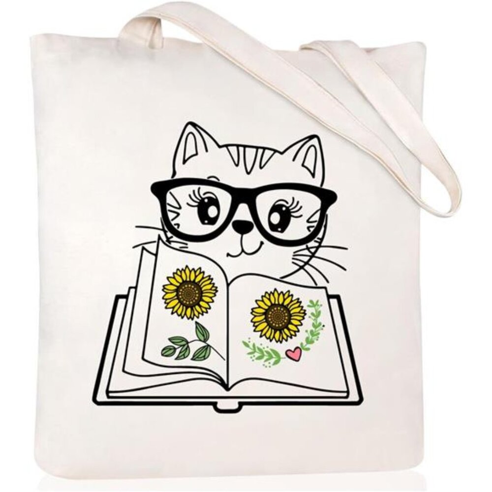 Canvas Tote Bag for Women Aesthetic Cute Cat Shopping Grocery Reusable Bag - Picture 1 of 6